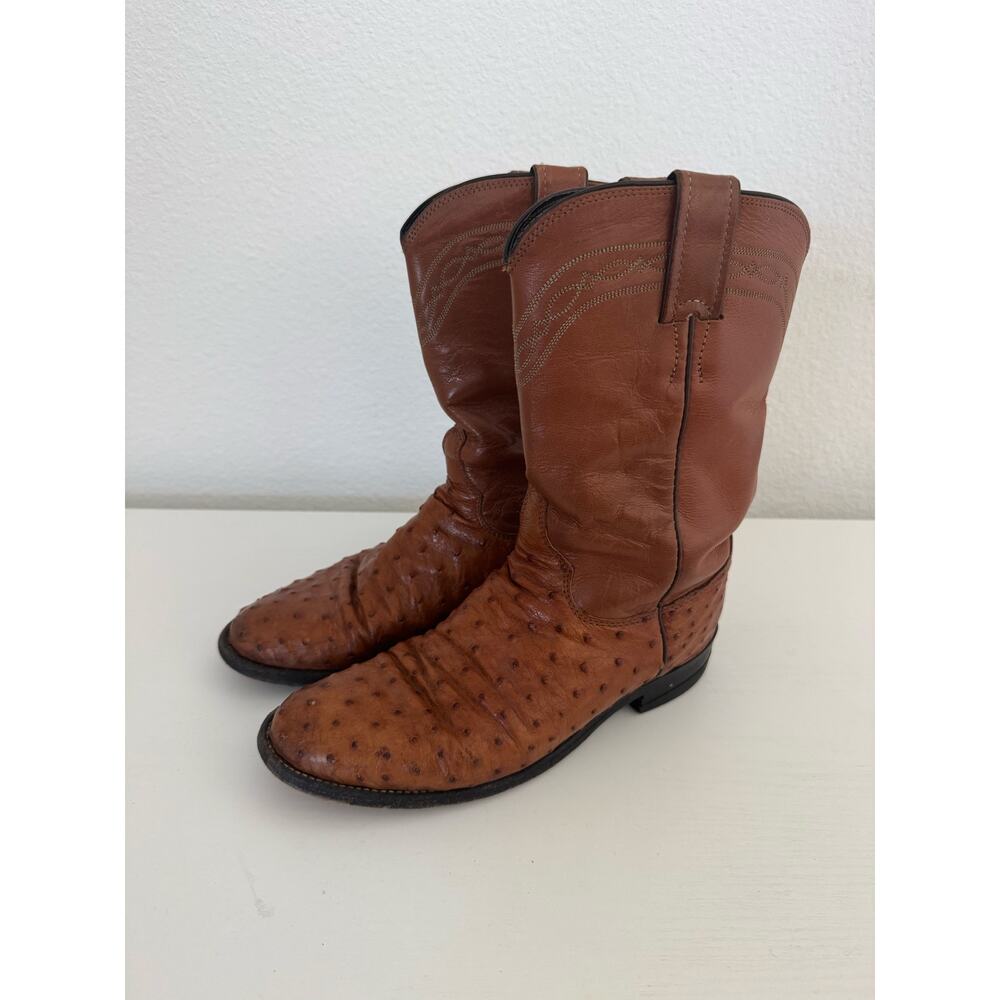 Justin Mens Boys Full Ostrich Quill Leather Round Toe Western Boots Size 6B
